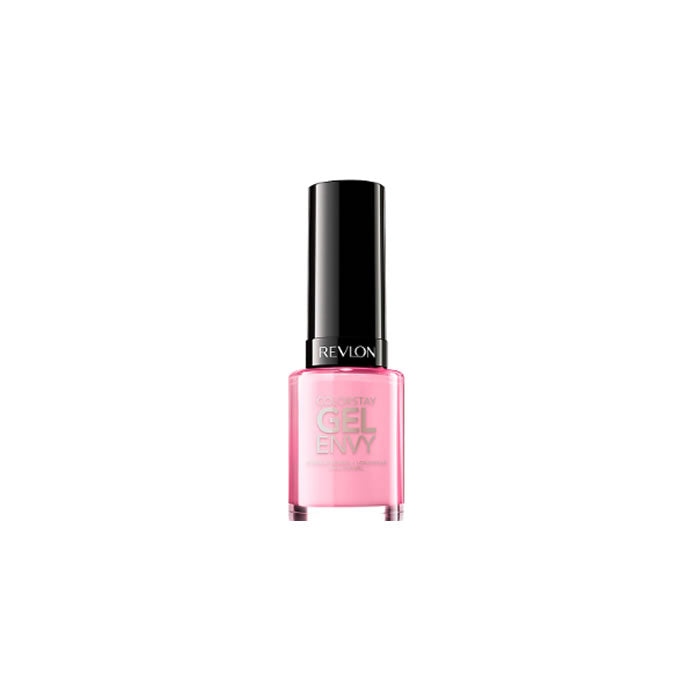 Revlon Colorstay Gel Envy nail polish in Lucky In Love, with vibrant purple and pink shades, displayed on a neutral background.