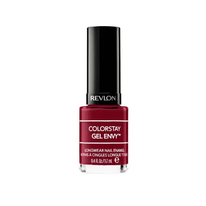 Revlon Colorstay Gel Envy nail polish in shade Queen Of Hearts, showcased with branding from Jag Couture London New York.