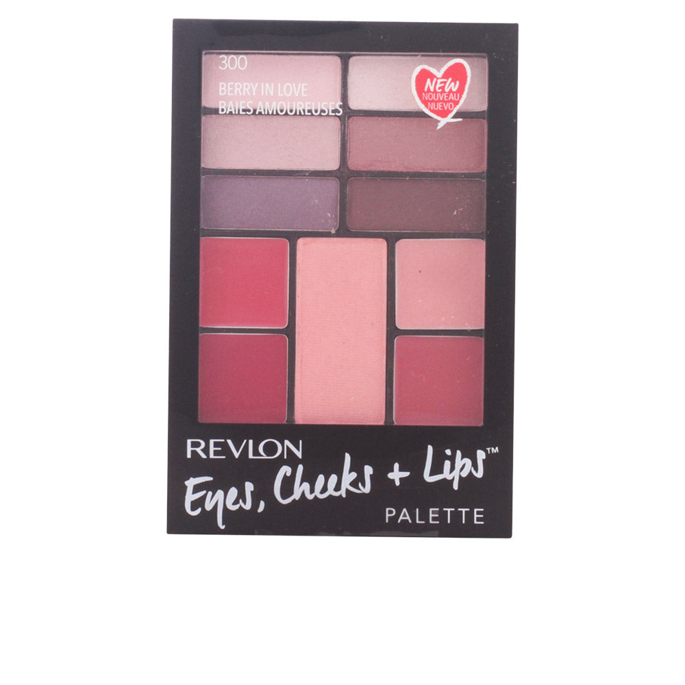 Revlon Eyes Cheeks Lips Palette 300 Berry In Love with various eyeshadows, blushes, and lip shades in a compact palette.