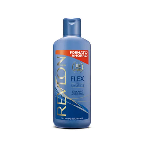 Revlon Flex anti-dandruff shampoo bottle, 750ml, with label showing product name and brand Jag Couture London New York.