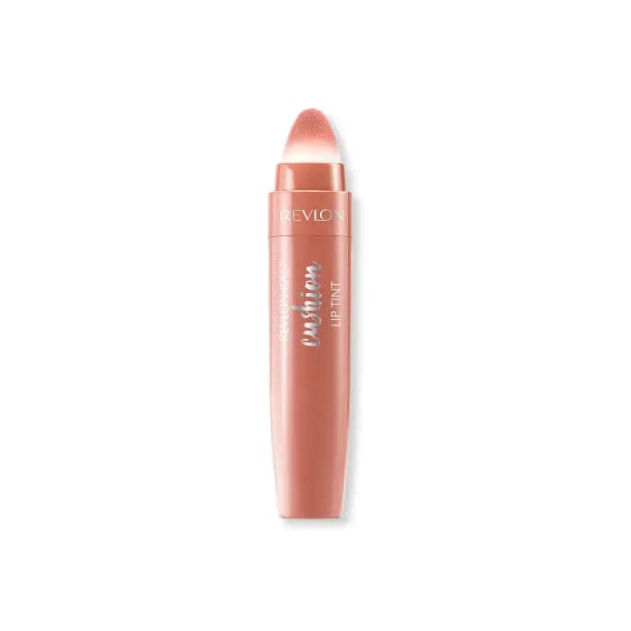 Revlon Kiss Cushion Lip Tint in shade 210 Pretty Kiss, with the product packaging and applicator visible.