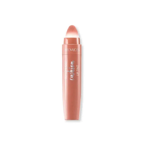 Revlon Kiss Cushion Lip Tint in shade 210 Pretty Kiss displayed on a model’s lips, highlighting its smooth, glossy finish.