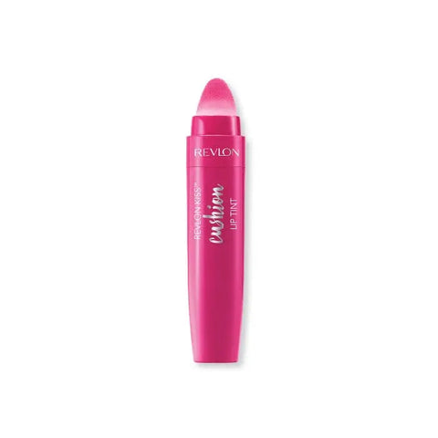 Revlon Kiss Cushion Lip Tint in 240 Berry Lit, with a close-up of the tinted lips showing the vibrant berry color.