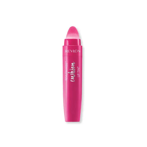 Revlon Kiss Cushion Lip Tint in 240 Berry Lit with tinted applicator and smooth, glossy finish on lips.