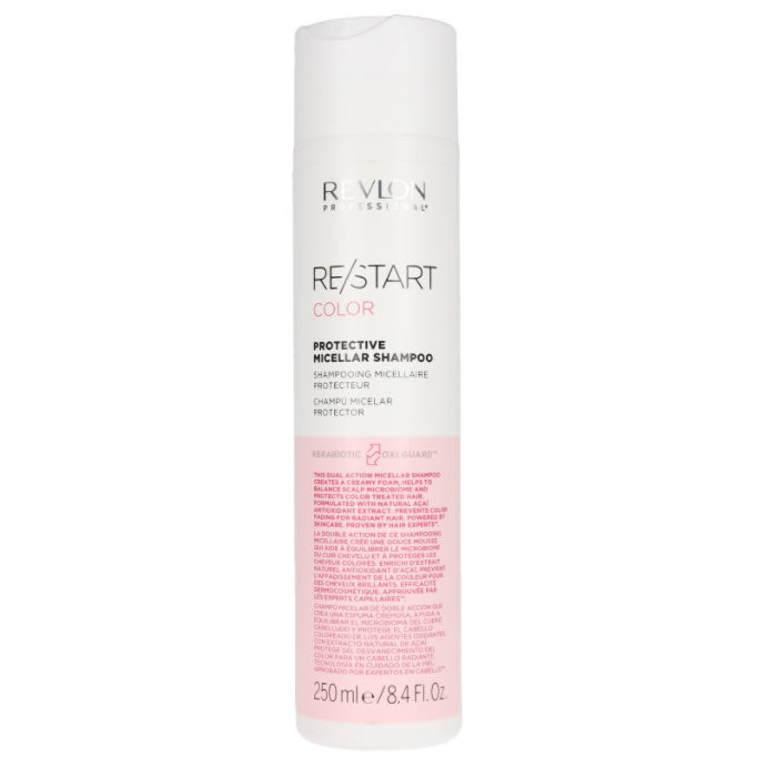 Revlon Re-Start Color Protective Micellar Shampoo bottle with white and blue label, 250ml, displayed on a plain background.