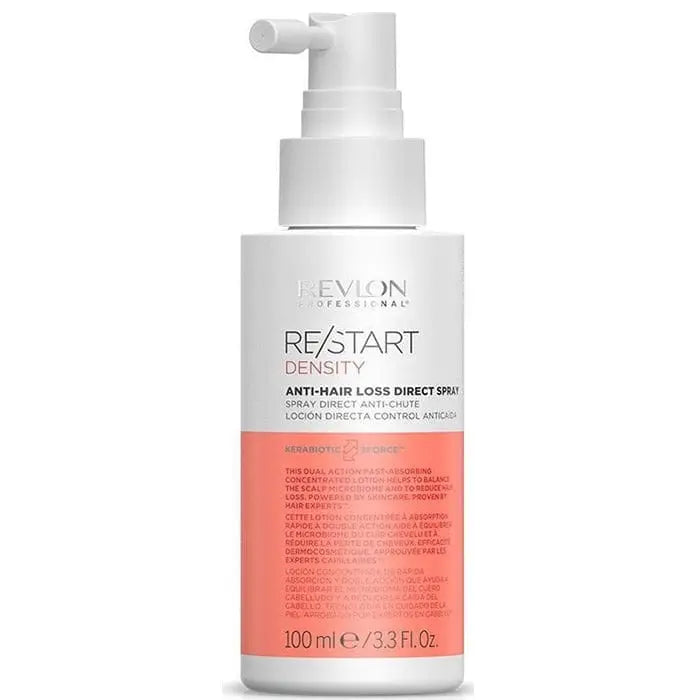 Revlon Re-Start Density Anti-Hair Loss Spray 100ml bottle with spray nozzle, designed to reduce hair loss and boost hair density.