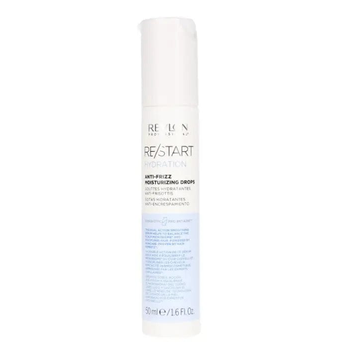 Revlon Re-Start Hydration Anti-Frizz Moisturizing Drops in 50ml bottle, with clear dropper and sleek packaging.