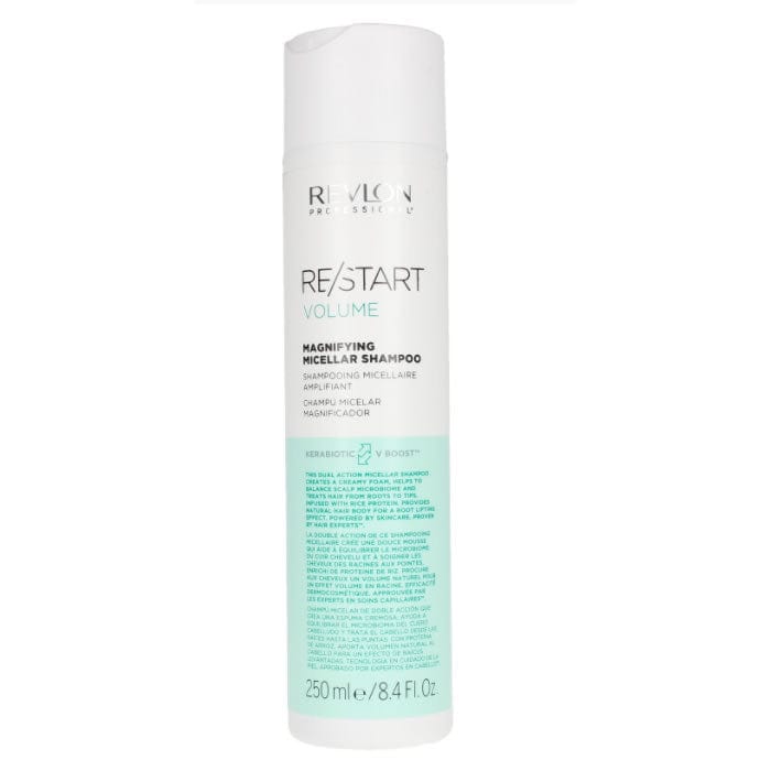 Revlon Re-Start Volume Magnifying Shampoo bottle with label, 250ml, displayed on a clean surface.