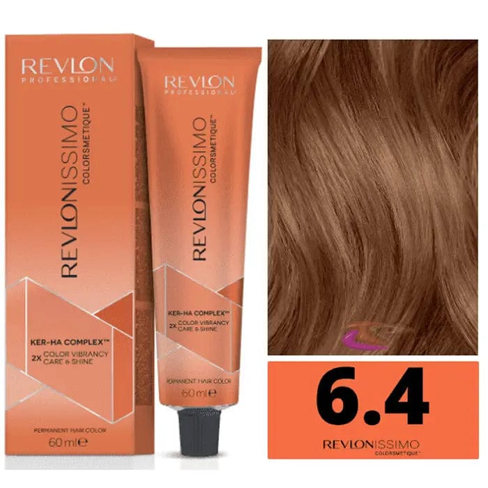 Revlonissimo Colorsmetique 6.4 Dark Blonde Copper hair dye bottle by Revlon, with vibrant dark blonde copper shade.