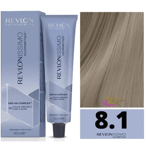 Revlon Revlonissimo Colorsmetique 8.1 Light Ash Blonde hair dye in 60ml tube, displayed with brand packaging.