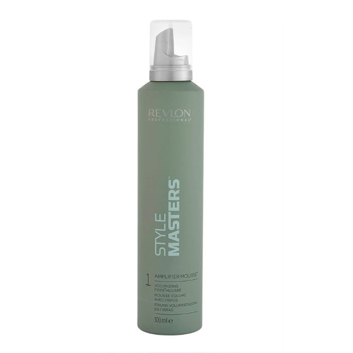 Revlon Style Master Amplifier Mousse in 300ml bottle, hair styling foam by Jag Couture London New York, with a white and blue container.