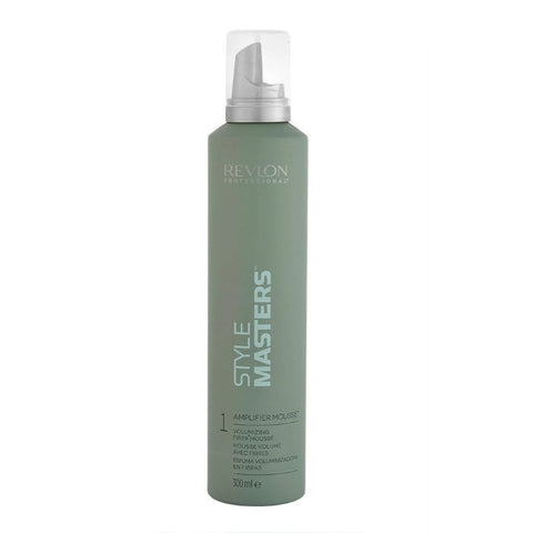 Revlon Style Master Amplifier Mousse in 300ml bottle, hair styling foam by Jag Couture London New York, with a white and blue container.