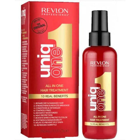 Revlon Uniq One All-In-One Hair Treatment 150ml bottle with sleek packaging, designed for hair repair and styling.