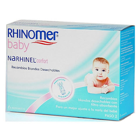 Rhinomer Baby Narhinel Confort nasal spray for infants, 20 units, designed by Jag Couture London New York, with applicator tips visible.