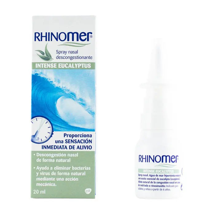 Rhinomer Intense Eucalyptus saline nasal spray in 20ml bottle, with eucalyptus scent, by Jag Couture London New York.