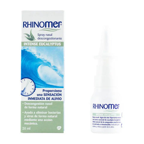 Rhinomer Intense Eucalyptus saline nasal spray in 20ml bottle, with eucalyptus scent, by Jag Couture London New York.