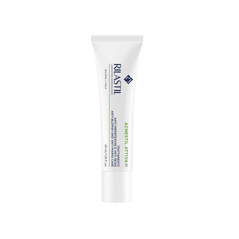 Rilastil Acnestil Attiva + Anti-Imperfection Cream in 40ml jar, featuring a sleek container with skincare product visible inside.