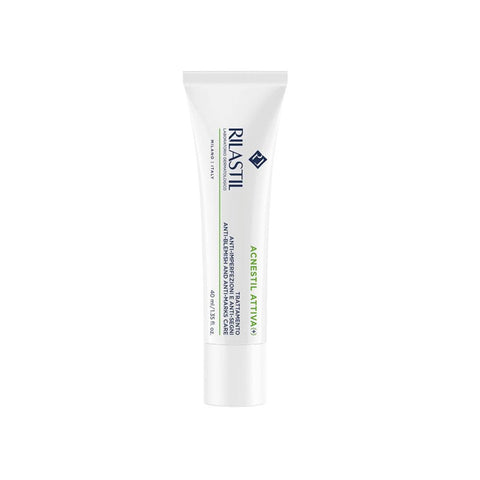 Rilastil Acnestil Attiva + Anti-Imperfection Cream in 40ml jar, featuring a sleek container with skincare product visible inside.