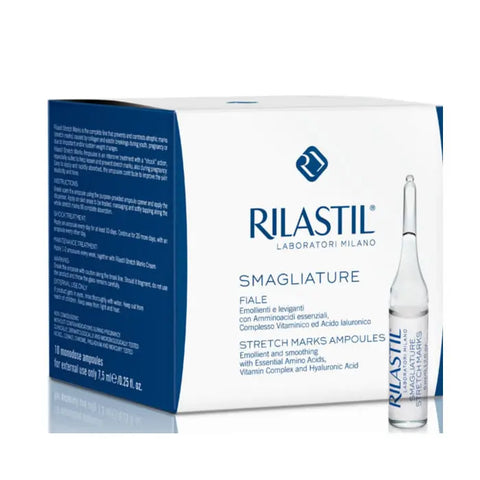 Rilastil Cumlaude Smagliature 10 ampoules by Jag Couture London - New York, showing the ampoule packaging and product details.