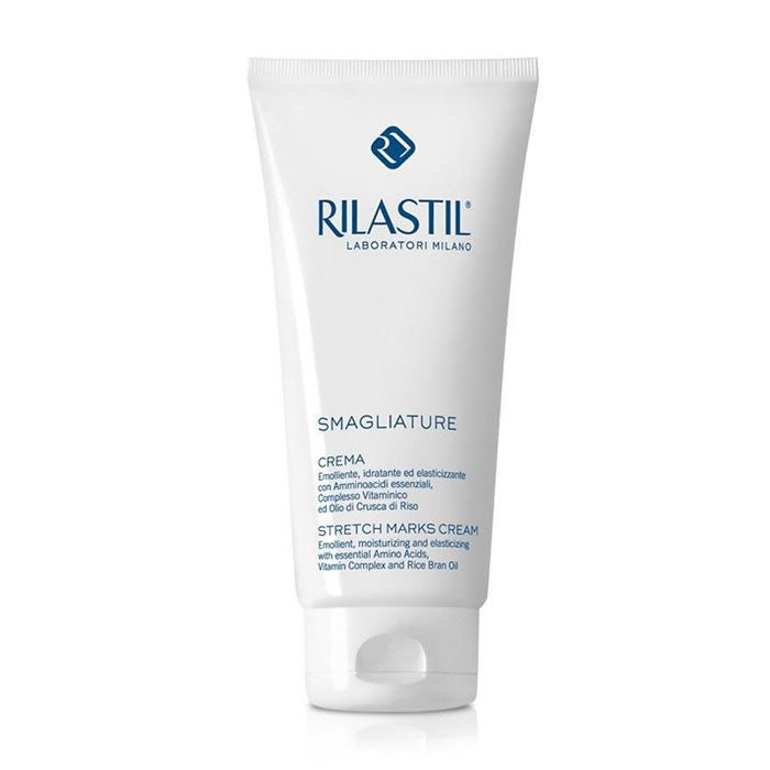Rilastil Intensive Body Emulsion 200ml bottle, smooth texture and sleek design, displayed against a neutral background.