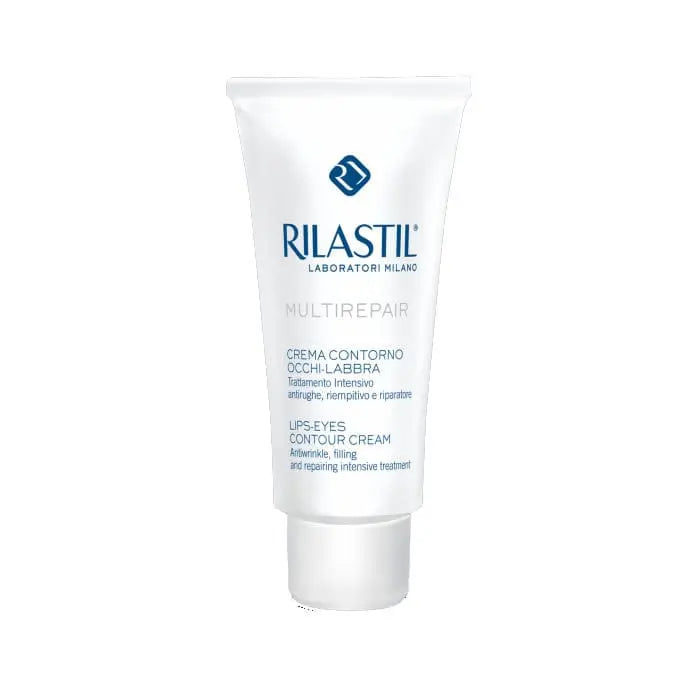 Rilastil Multirepair Lip and Eyes Contour Cream 15ml in a sleek jar, designed for nourishing lips and delicate eye area.