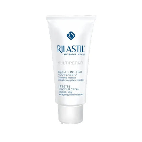 Rilastil Multirepair Lip and Eyes Contour Cream 15ml in a sleek jar, designed for nourishing lips and delicate eye area.