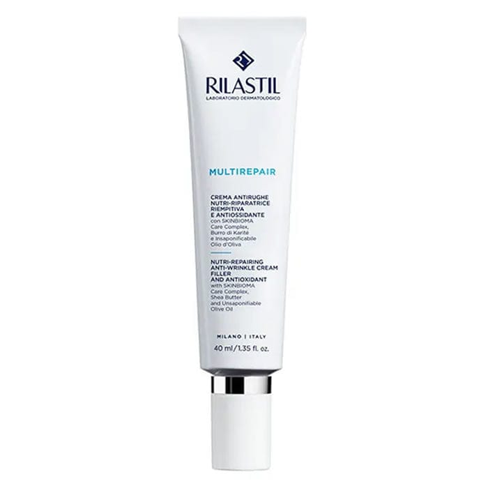 Rilastil Multirepair Nourishing-Repairing Cream in 40ml jar, shown with the product packaging and cream texture, by Jag Couture London.