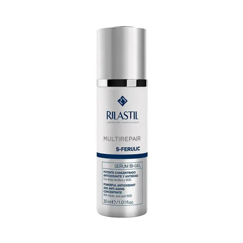 Rilastil Multirepair S Ferulic Serum Bi-Gel 30ml in a clear tube, featuring a silver cap and label, on a white background.