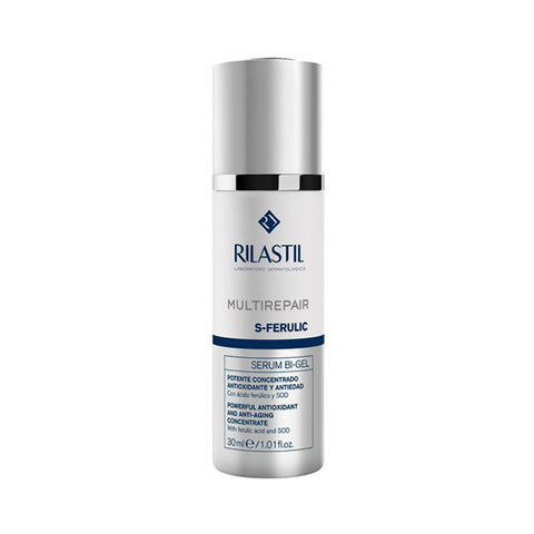 Rilastil Multirepair S Ferulic Serum Bi-Gel in 30ml tube, featuring a sleek design with a pump dispenser and skincare branding.