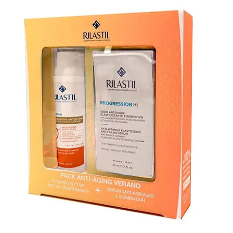 Rilastil Age Repair SPF50 50ml and Progression Serum 30ml set by Jag Couture London New York, featuring skincare products with protective SPF.