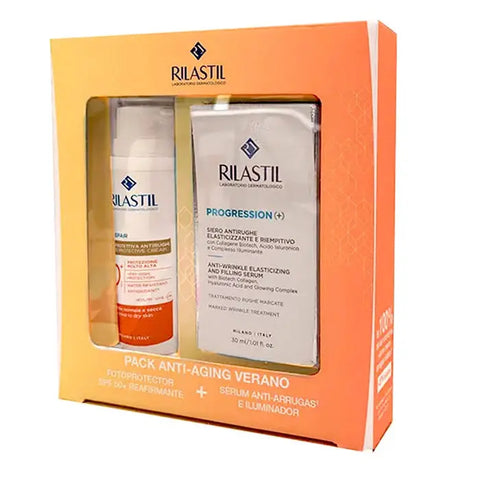 Rilastil Age Repair SPF50 50ml and Progression Serum 30ml skincare set, featuring two product bottles with branding details.