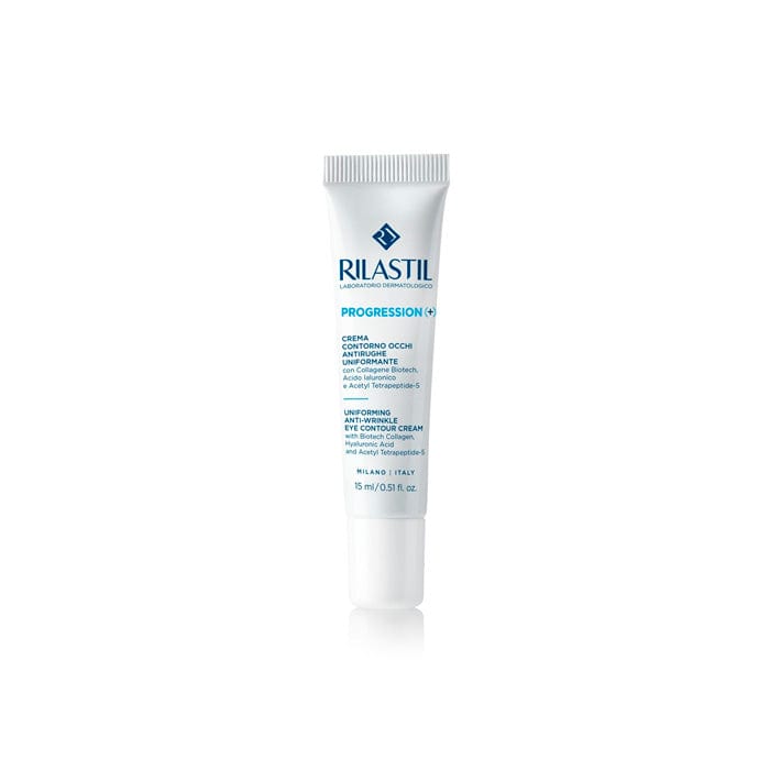 Rilastil Progression (+) anti-wrinkle eye contour cream in 15ml jar, designed to reduce fine lines and brighten the eye area.