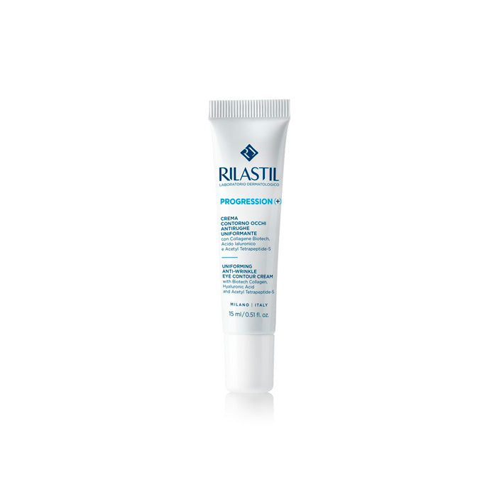 Rilastil Progression (+) Anti-Wrinkle Eye Contour cream in 15ml jar, designed to reduce wrinkles and refresh delicate eye area.