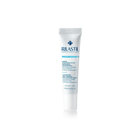 Rilastil Progression (+) Anti-Wrinkle Eye Contour cream in 15ml jar, designed to reduce wrinkles and refresh delicate eye area.