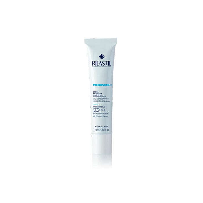 Rilastil Progression (+) Filler and Anti-Wrinkle Cream in 40ml jar, shown with smooth skin and product packaging.