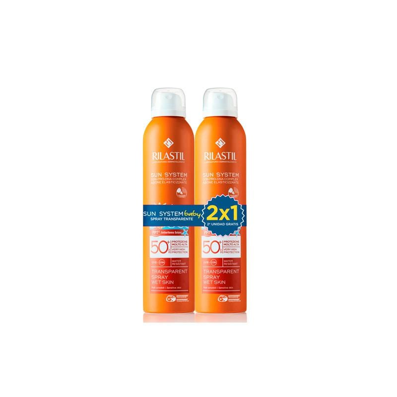Rilastil Sun System Baby Spray SPF50+ in transparent bottles, 2x200ml, with a spray nozzle and baby-safe sun protection.