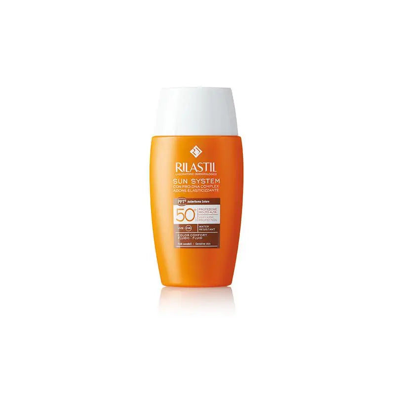 Rilastil Sun System Comfort Colour Fluid SPF50+ 50ml, a lightweight facial sunscreen with tinted formula from Jag Couture London.