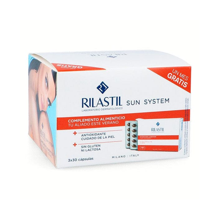 Rilastil Sun System Oral Promo 2x30 capsules by Jag Couture London - New York, showing the supplement bottles and packaging.