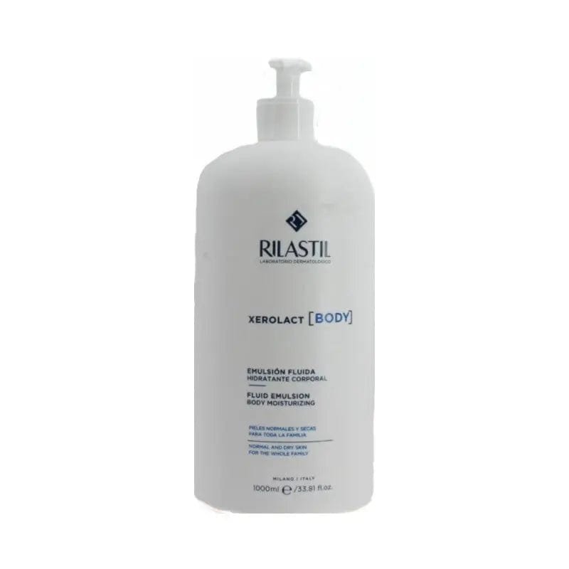 Rilastil Xerolac Body Milk for normal and dry skin in a 1000ml bottle, shown in a sleek container with a pump dispenser.