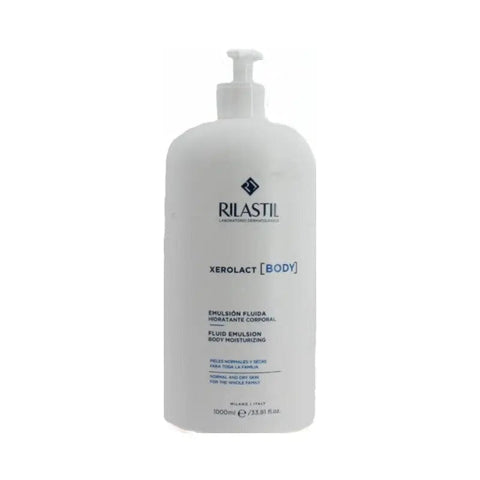 Rilastil Xerolac Body Milk for normal and dry skin in a 1000ml bottle, shown in a sleek container with a pump dispenser.