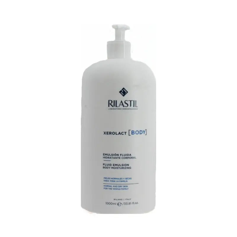 Rilastil Xerolac Body Milk for normal and dry skin in 1000ml bottle, moisturizing skincare product.