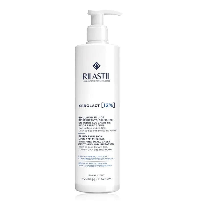 Rilastil Xerolact 12% Keratin moisturizing milk in 400ml bottle, with label, displayed on a clean background.