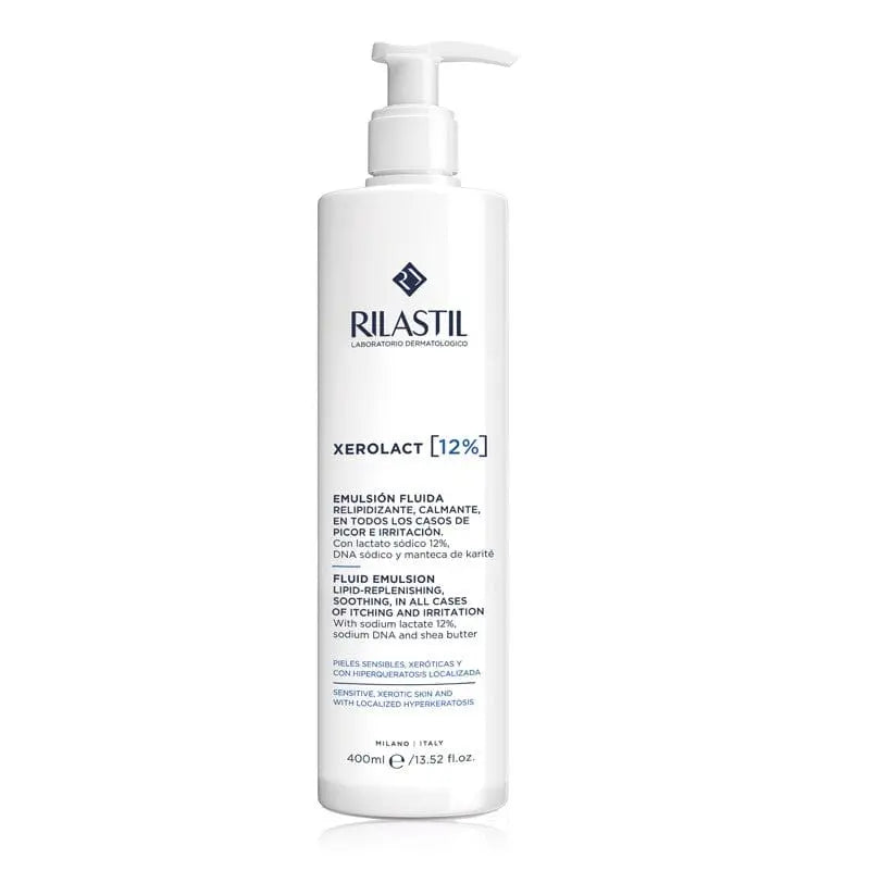 Rilastil Xerolact 12% Keratin moisturizing milk bottle, 400ml, with pump dispenser, on a clean surface.