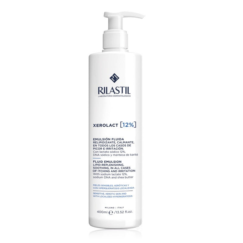 Rilastil Xerolact 12% Keratin moisturizing milk in 400ml bottle, hydrating and regulating skin with nourishing formula.