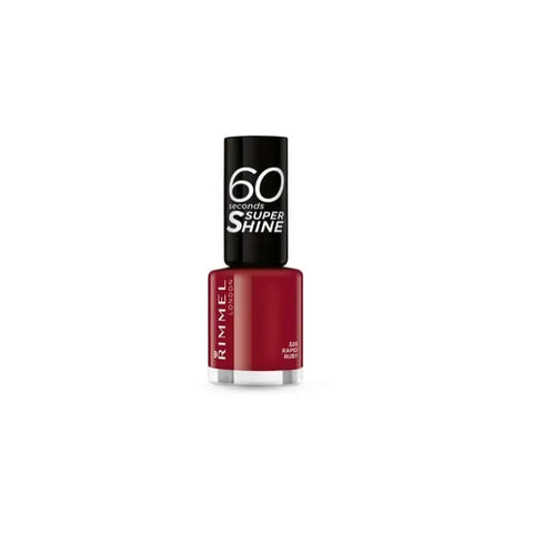 Rimmel 60 Seconds Super Shine nail polish in shade 320 Rapid Ruby with a glossy finish, displayed in a clear bottle.