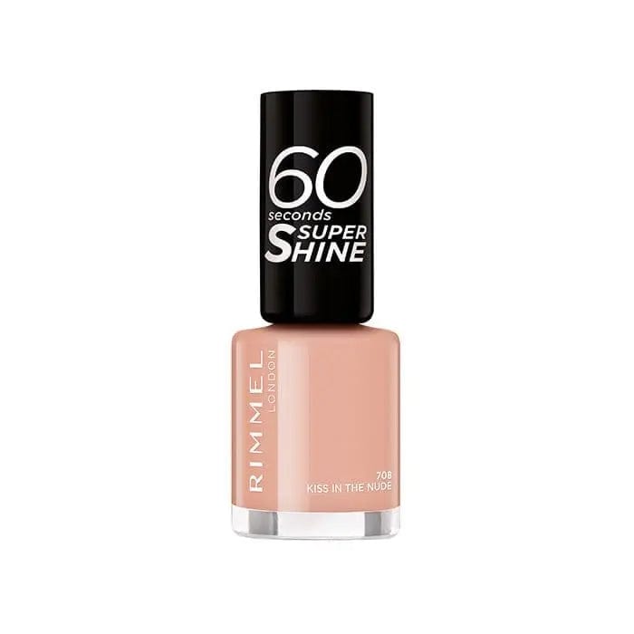 Rimmel 60 Seconds Super Shine lipstick in shade 708 Kiss In The Nude, with sleek packaging and vibrant nude color.