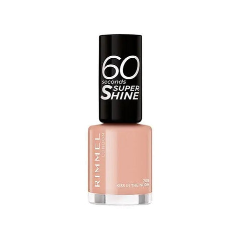 Rimmel 60 Seconds Super Shine lipstick in shade 708 Kiss In The Nude, with sleek packaging and vibrant nude color.