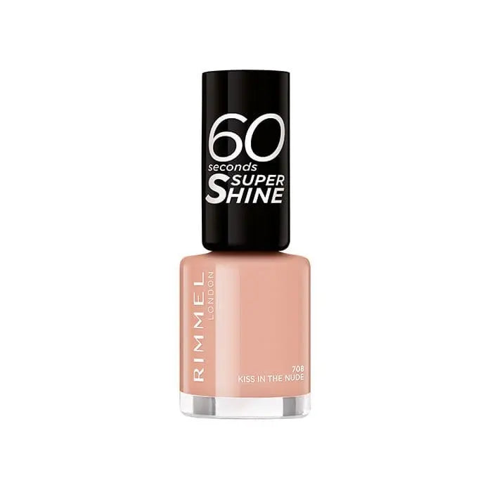 Rimmel 60 Seconds Super Shine lipstick in shade 708 Kiss In The Nude, with sleek packaging and glossy finish visible.