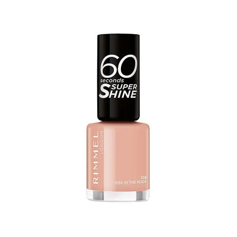 Rimmel 60 Seconds Super Shine lipstick in shade Kiss In The Nude, with glossy finish and smooth application, displayed on a neutral background.