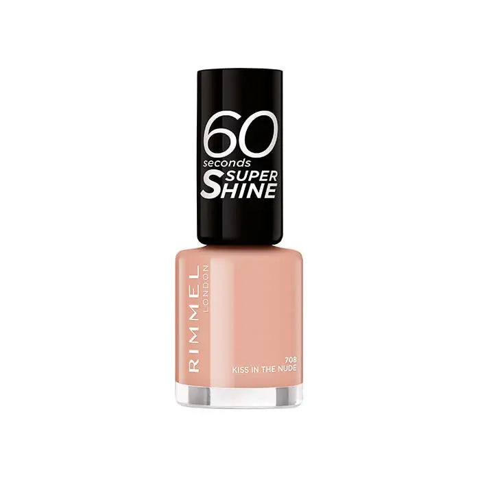 Rimmel 60 Seconds Super Shine nail polish in 708 Kiss In The Nude, featuring a glossy nude shade in a sleek bottle.